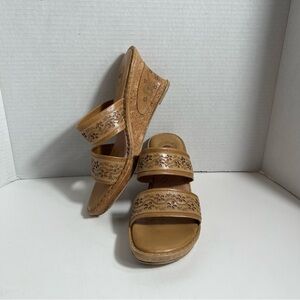 Nurture Pilgrim Brown Genuine Leather Sandals Size 8.5 Slip On Cork Wedge Shoes